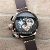 Gaucher 50 mm U-51 U51 Chimère Bronze 7474 Squelette Cadran Noir Quartz Chronographe Montre Homme Chronomètre Lunette Noire Cuir Stra326T