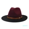 Flat Brim Gradient Fedora 모자 Browm 벨트 여성 남성 스프레이 페인트 가짜 양모 펠트 재즈 캡 파티 파티 공식 모자