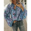 Kvinnors blusar Retro Bird Flower Printed Shirt Women's V-Neck-knapp upp långärmad topp hösten chic skjorta överdimensionerade 5xl 231209