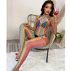 Vrouwen regenboog visnet bodystocking sexy mesh uitgehold doorzien bodysuit erotisch transparant kostuum nachthemd