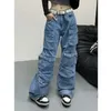 Jeans pour femmes Jeans artisanaux lavés vintage jeans cargo taille haute pour femmes poches multiples pantalon y2k ample et polyvalent jeans vintage 231208