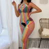 Women's Rainbow Fishnet Body Stocking Sexy Mesh Hollowed Out See Through Bodysuit Erotic Transparent Costume Nightdress