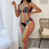 Bas de corps en résille arc-en-ciel pour femmes, maille Sexy ajourée transparente, Costume érotique Transparent, chemise de nuit