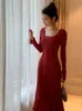 Basic Casual Dresses French Retro Red Slim Square Collar Birthday Evening Party Dress Women Fishtail Long Elegant Korea Fashion Autumn 231208