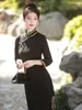 Sıradan Elbiseler Partisi Cheongsam Zarif Kadınlar Qipao Bahar Sonbahar Slim Borse Cepeli Vestidos Geleneksel Çin tarzı Elbise Düğme