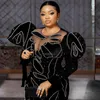 2023 Plus Taille Aso Ebi Robes De Bal Noir Illusion Sirène Manches Longues Robe De Soirée Paillettes Perles Deuxième Réception Robes Fête D'anniversaire Haute Split Robe ST607