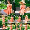 Swim Wear Cool Summer Y Elegant Holiday Swimsuit Bare Shoders Show Long Legs Pink Ruffled Skirt Women Halter Beachwear Drop Delivery S Dh8J0