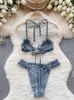 Bras sets Singreiny Beach Sensual Denim Femmes Halter Straps Camis Raw Edge Mini Brief