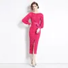 Casual Dresse 2024 Fashion Sexy Party Rose Red Lace Dress Women V Neck Long Lantern Sleeve Single Breasted Floral Belt Split Midi Vestidos