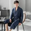 Men's Sleepwear 4XL Trendy Solid Striped Men Bath Bathrobes Spring Autumn Cotton Shower Robe 3XL Casual Loose Kimono With Two Pockets