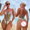 Sexy regenboog visnet bodysuit erotische mesh uitgehold doorzichtige bodycon jumpsuit dames transparant verleidelijk stringondergoed