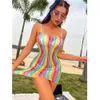 Robe moulante arc-en-ciel pour femmes, Sexy, maille ajourée, transparente, Lingerie en résille, vêtements de plage, Mini robes transparentes érotiques