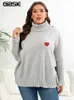 Abito a due pezzi GIBSIE Plus Size Ricamo a cuore Maglione dolcevita oversize Donna 2023 Autunno Inverno Moda Allentato Grigio Nero Pullover lavorato a magliaL231122