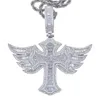 Men Women Fashion Necklace Gold Plated Full CZ Iced Out Wings Cross Pendant Necklace with 3mm 24inch Rope Chain Jewelry