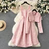 Abito da due pezzi nuovo inverno in lana rosa 2 pezzi abiti set di outfit da donna spaghetti cinghia pizzone tweed midi vestidos giacca corta cardigan cappotto 2024