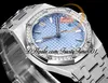 TWF 34 mm 77350 A5800 Reloj automático para mujer 50.º aniversario Esfera con textura azul claro Marcadores de barra Pulsera de acero inoxidable Super Edition Relojes para mujer trustytime001