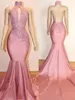 Abendkleider rosa Promkleid Party Meerjungfrau Perlen Appade Custom Reißverschluss Schnürung Plus Größe Neues hochhalsärmelnder elastisches Satin Rückenlos