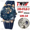 TWAF Executive El Toro UN-32 Automatik-Herrenuhr GMT Ewiger Kalender Roségold Blaues strukturiertes Zifferblatt Kautschukarmband 326-01LE-3 Supe1935