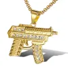 Golden Gun Shape 14k Gelbgold Halskette Anhänger mit Kette für Damen/Herren Ices Out Bling Strass Hip Hop Schmuck