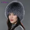 BeanieSkull Caps ENJOYFUR vrouwen winter bontmuts echt vossenbont hoeden gebreide zilveren vossenbont caps vrouwelijke Russische bomer caps 231208