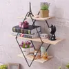 Bedroom Office Home Decoration Vintage Iron Metal Wood Wall Storage Shelf Rack Rhombus Wood Iron Craft Wall Book Hanging Rack Y200272j