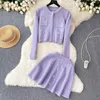 Two Piece Dress Small Fragrance Beading Knitted Two Pieces Sets Women's Flower Buttons Shinny Cardigan Sweater Coat Crystal Mini Skirt Suit 2024