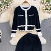 Two Piece Dress Autumn Winter Striped Knitted Two Piece Set Women Christmas Pearls Single Breasted Sweater Coat And Straight Midi Skirt Suits 2024