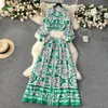 Two Piece Dress 2024 Fashion Green Blue And White Porcelain Two Piece Set Women's Notched Collar Shirt Short Top+Single-Breasted Long Skirt Suit