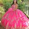 Rose Red Quinceanera robes Appliques en or perles Princesse de robe de bal de lace