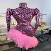 Party Decoration Stage Costume For Singer Women Pink Mirror Long Sleeve Dress Backless Tight Lace Sexy Prom Birthday Dresses Club 301H