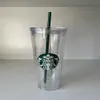 24 uncji kubki Starbucks Mermaid Tubblers Tranentne podwójne plastikowe kubek wielokrotnego użytku z pokrywką i słomką308g