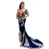 Elegante árabe azul real sereia vestidos de noite para mulheres mangas curtas apliques de renda dourada miçangas longo veludo dubai vestido de ocasião formal