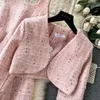 Two Piece Dress New Winter Pink Woolen 2 Pieces Dress Set Outfits Women's Spaghetti Strap Plaid Tweed Midi Vestidos Short Jacket Cardigan Coat 2024