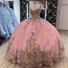 Pink Shiny Off The Shoulder Ball Gown Quinceanera Dresses For Girls Beaded Applique Bow Birthday Party Gowns Lace Up Back Sweet