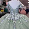 Vestidos de quinceañera brillantes de color verde salvia, vestido de baile con apliques florales de encaje y flores, 16 vestidos para fiesta de cumpleaños y graduación, vestidos de 15