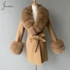 Women's Wool Blends Jxwatcher Style Cashmere Coats Real Fox Fur Collar Ladies Mid-Längd Wool Jacket Winter Elegant Belt Design Ytterkläder 231208