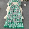 Платье из двух частей 2024, модный зеленый, синий и белый фарфоровый комплект из двух предметов, женская рубашка с зубчатым воротником, короткий топ + однобортный костюм с длинной юбкой