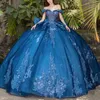 Blue Shiny Sweet 16 Quinceanera Dresses Sequins spets Applique från axelbollklänningen Vestido de 15 Anos Lace-up