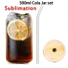 Sublimation New 12/15oz 크리에이티브 스팽글 유리 유리는 뚜껑과 밀짚 여름 음료 관리 메이슨 항아리 주스 컵 BJ로 병을 형성 할 수 있습니다.
