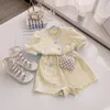 Clothing Sets 2023 Girls High Waist Wide Leg Shorts Two-Piece Clothes Set Pearl Button Outfits Solid Blue Color Outerwear With Short Sleeve