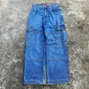 Kvinnors jeans JNCO Workwear Multi-Pocket Splicing Lace-Up Blue Jeans för män och kvinnor harajuku Street Casual Wear High-midjiga jeans med bred ben 231211