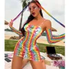 Mulheres Sexy Rainbow Beach Dress Mesh erótico de malha de pesca transparente vestidos de corpo de corpo de traje de roupa de traje oco sexy sexy sexy