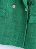 Costumes pour femmes Blazers Traf femmes mode Double boutonnage Tweed vert Blazer manteau Vintage à manches longues rabat poches vêtements de dessus pour femmes Chic Veste 231211
