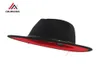 QIUBOSS Noir Rouge Patchwork Laine Feutre Jazz Fedora Chapeaux Ceinture Boucle Décor Femmes Unisexe Large Bord Panama Trilby Cowboy Cap Sunhat T21003073