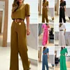 Women's Two Piece Pants 2 Pcs/Set Chic Lady Top Trousers Suit Wide Leg Women T-shirt Set Straight Short Dress-up