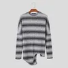 Men's T Shirts INCERUN Tops 2023 Fashion Mens Horizontal Stripe Contrast Irregular Hem T-shirts Casual O-Neck Knitted Long Sleeve T-shirt