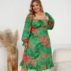 Plus Size Dresses Printed For Women Square Collar Lantern Sleeves Draw String A Line Elegant Casual Holiday Beach Party Vestidos