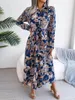 Casual Dresses Spring and Autumn Women's Vintage Flower Lapel Lace Up Shirt Long Dress Elegant Women Fashion Sleeve Vestidos