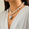 Överdriven CCB Heart Pendant Necklace Women Party Vintage Punk Fashion Pearl Beads Choker Statement Collar Neck smycken