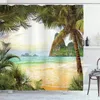 Shower Curtains Ocean Curtain Coconut Trees And Waves Mountains On Island Beach Image Cloth Fabric Bathroom Decor With Hooks